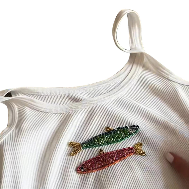 Fashion Fish Sequined Vest for Women Casual U Neck Sleeveless Female Slim Beads Embroidery Tops Summer Lady Beach Vest Street