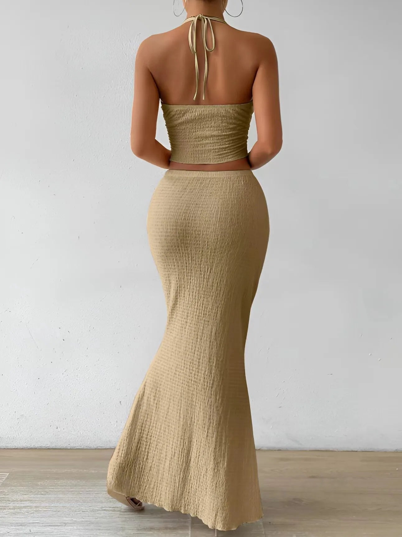 Fashion Women 2025 Summer Sexy Solid Color Hanging Neck Top Long Skirt Fashion Two-piece Set Tight And Elegant Two-piece Set