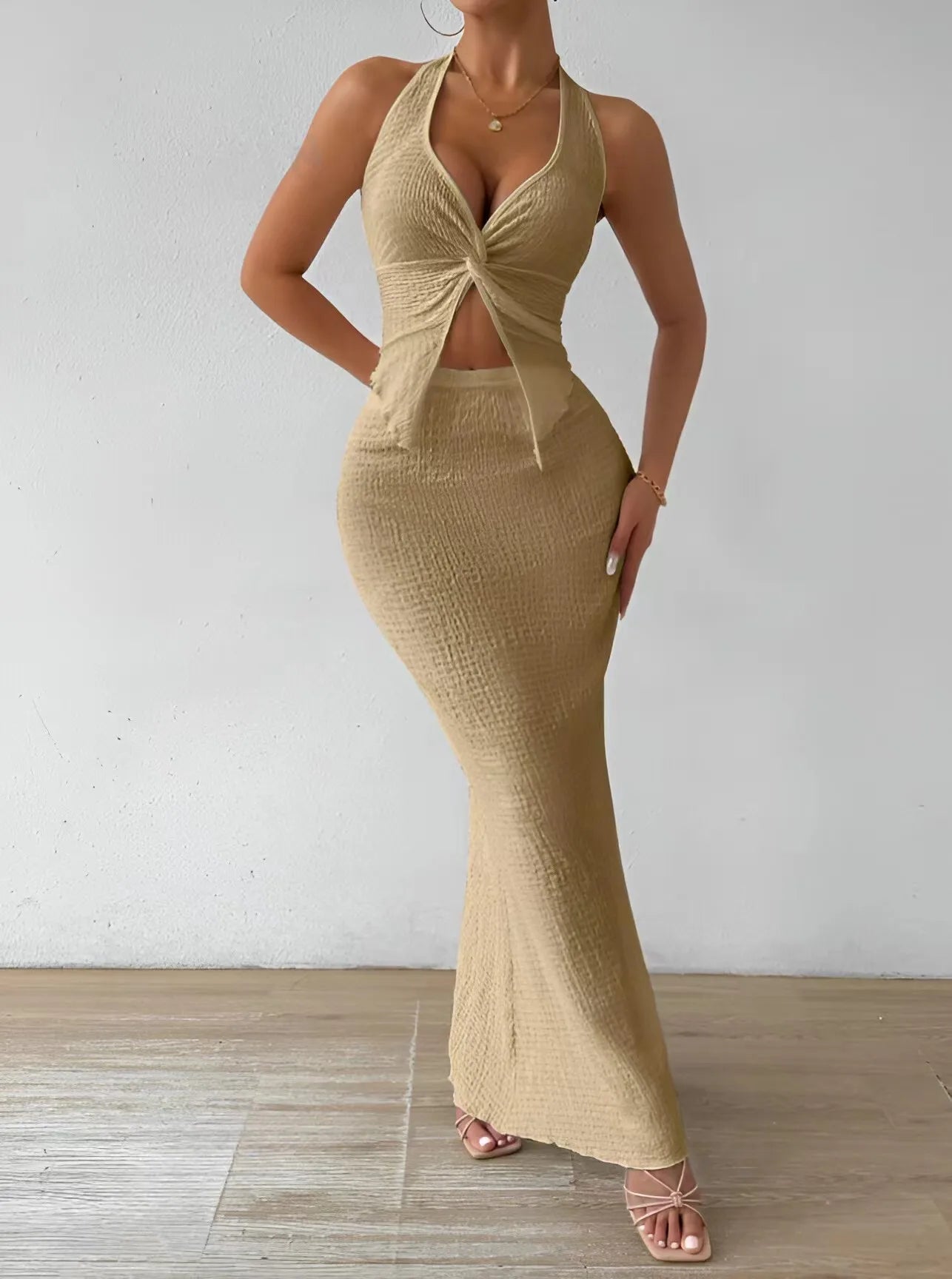 Fashion Women 2025 Summer Sexy Solid Color Hanging Neck Top Long Skirt Fashion Two-piece Set Tight And Elegant Two-piece Set