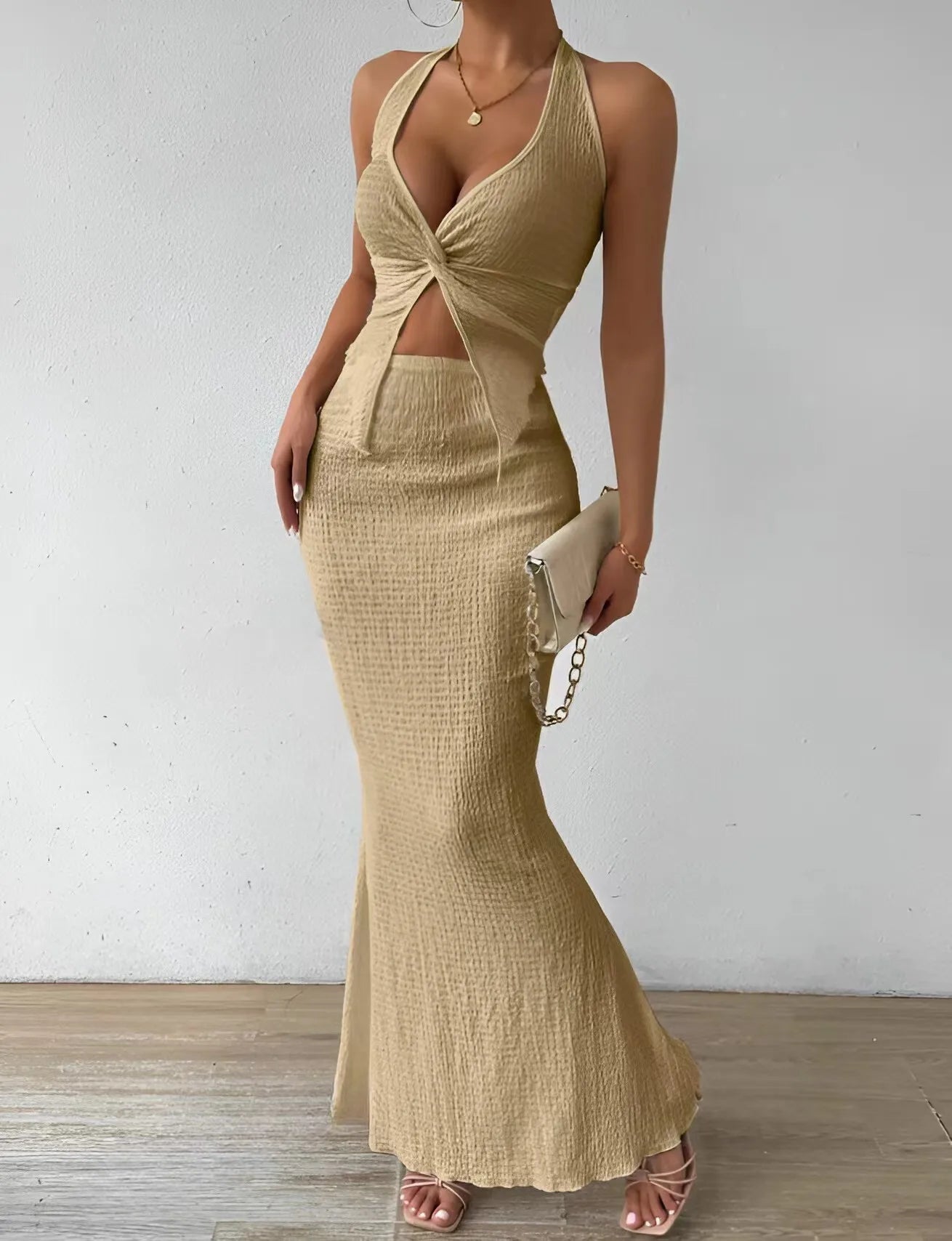 Fashion Women 2025 Summer Sexy Solid Color Hanging Neck Top Long Skirt Fashion Two-piece Set Tight And Elegant Two-piece Set