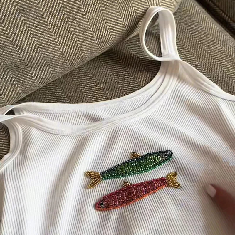 Fashion Fish Sequined Vest for Women Casual U Neck Sleeveless Female Slim Beads Embroidery Tops Summer Lady Beach Vest Street