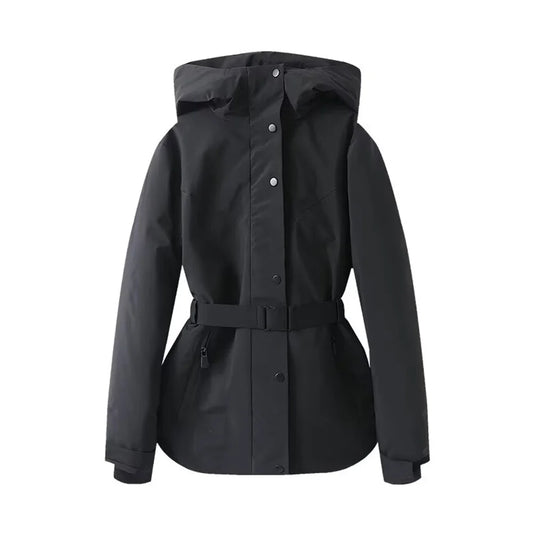 2025 fashionable women's clothing with European and American style design featuring a cinched waisthooded skiing and warm co