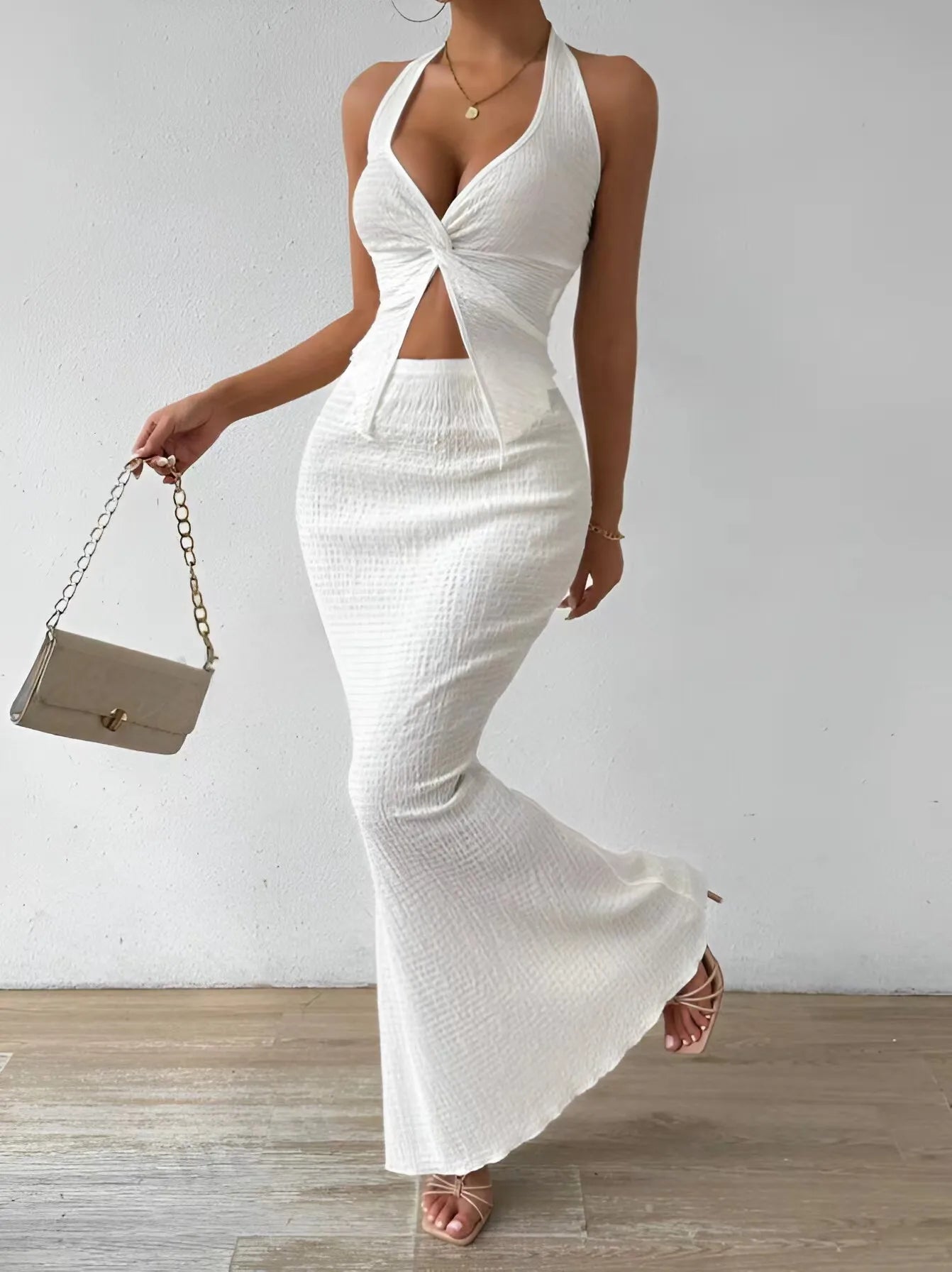 Fashion Women 2025 Summer Sexy Solid Color Hanging Neck Top Long Skirt Fashion Two-piece Set Tight And Elegant Two-piece Set