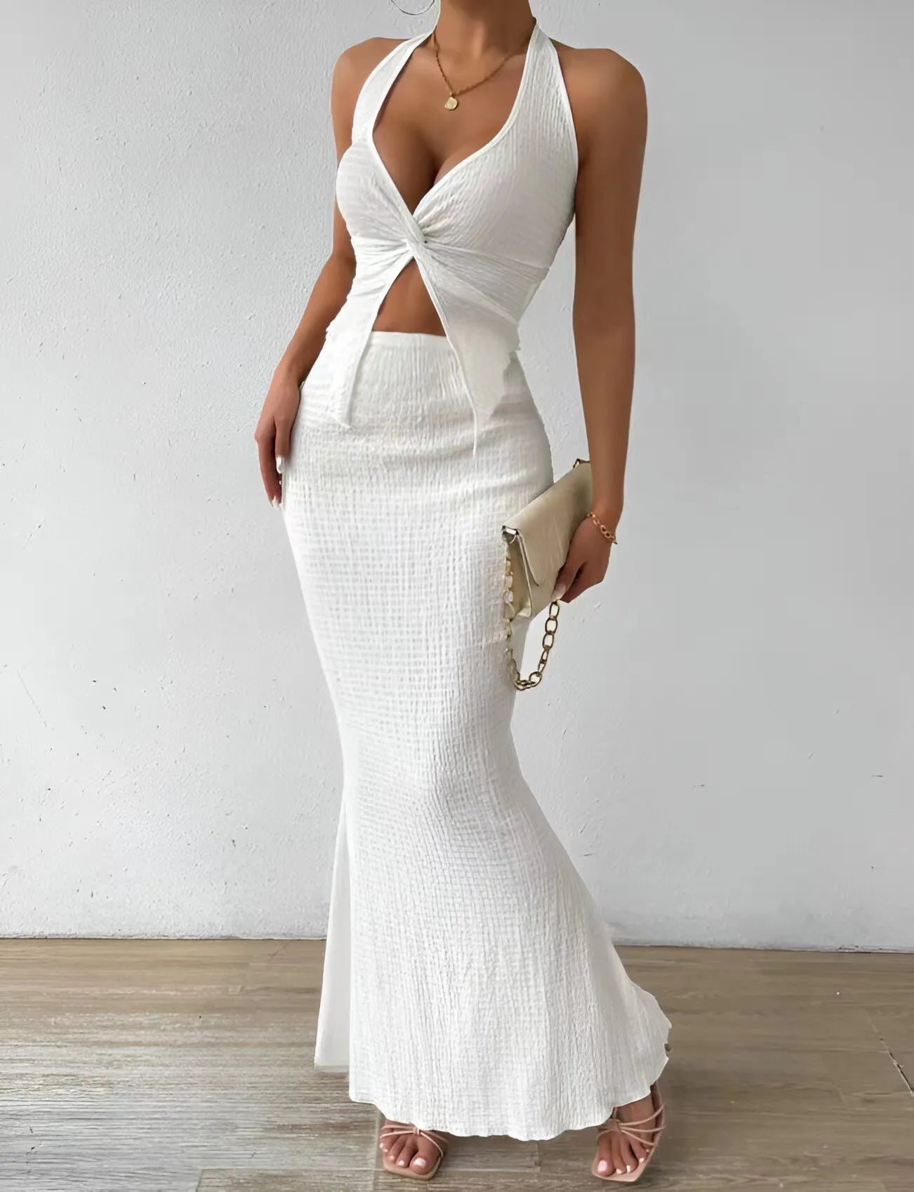 Fashion Women 2025 Summer Sexy Solid Color Hanging Neck Top Long Skirt Fashion Two-piece Set Tight And Elegant Two-piece Set