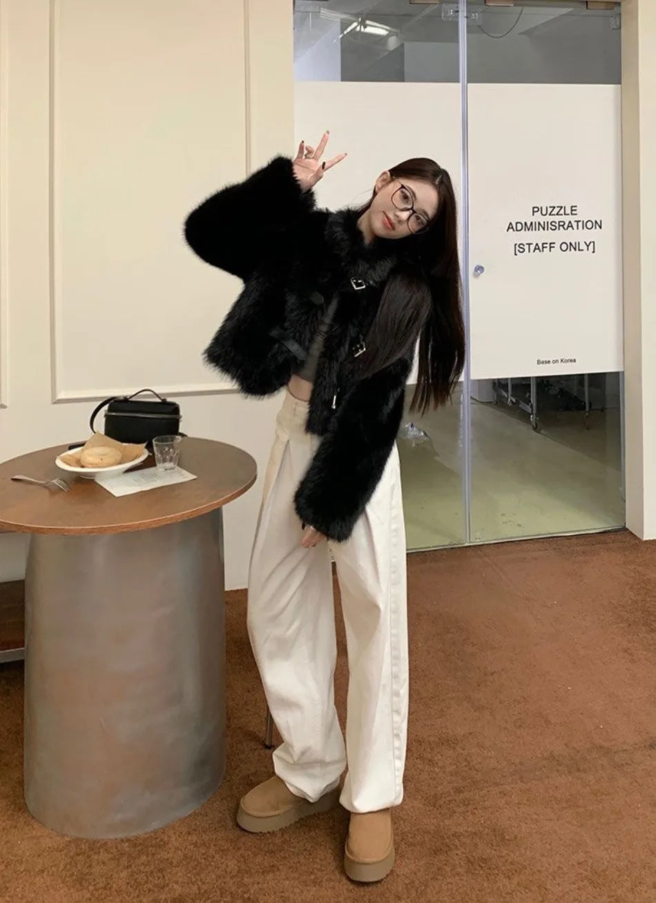 Korean Fashion Black Elegant Belt Button Fall Autumn Winter Warm Furry Coat Imitation Mink Velvet High Street Outwear