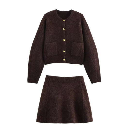 European And American Style Foreign Trade Women's Clothing New 2025 Fashion Gold Button-decorated Knitted Jacket Skirt Suit