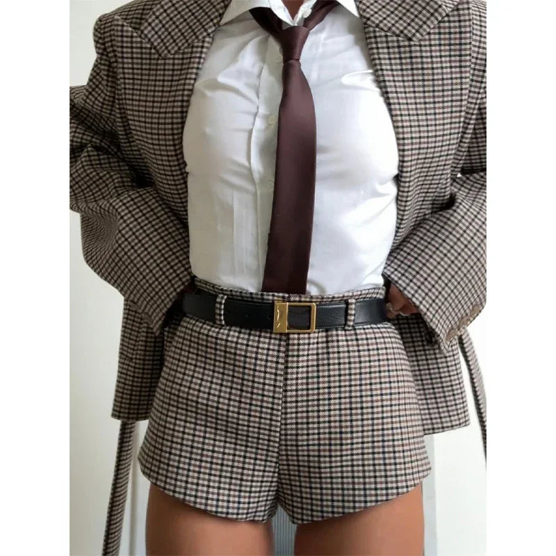 Fashion British Style Checkered Printed Suit Women Lapel Long Sleeve Single-breasted Short Jacket Set Lady Daily Streetwears