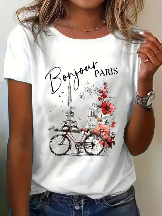 Fashion Bonjour Paris Text Print Short Sleeve Printed T Shirt  Casual Clothing Women's T-Shirt Graphic Clothing Top Tee