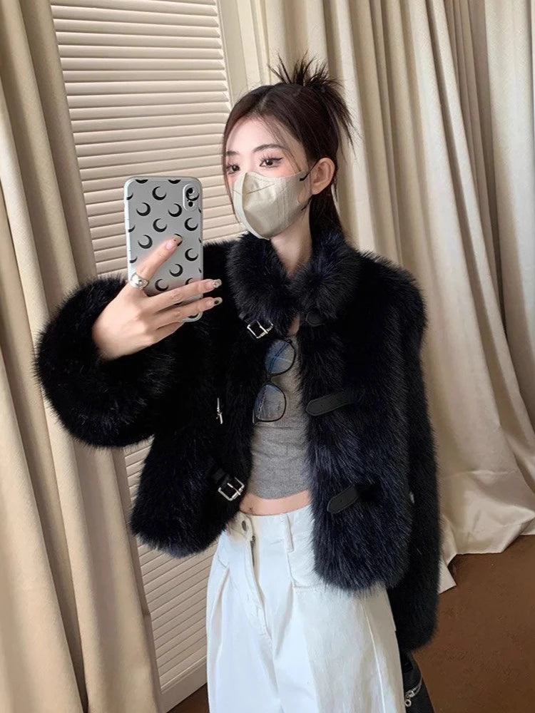 Korean Fashion Black Elegant Belt Button Fall Autumn Winter Warm Furry Coat Imitation Mink Velvet High Street Outwear