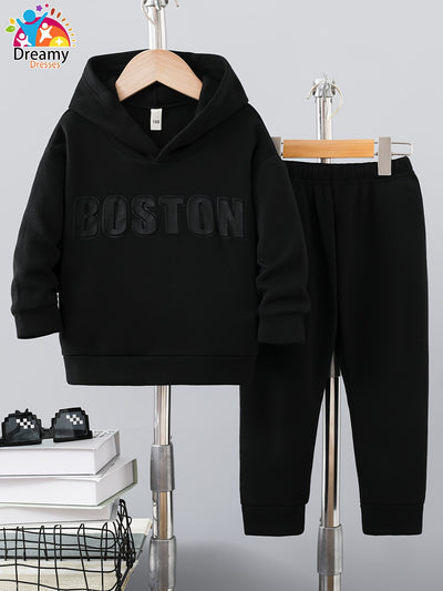 ' Boston Letter Print Hoodie and Sweatpants Set - 100% Polyester Casual Non-Stretch Solid Color Knit Outfit for Fall/Winter - Dreamy Dresses Brand Two-Piece Set for Over 3 Years Old, for Outdoor - L&S Fashion
