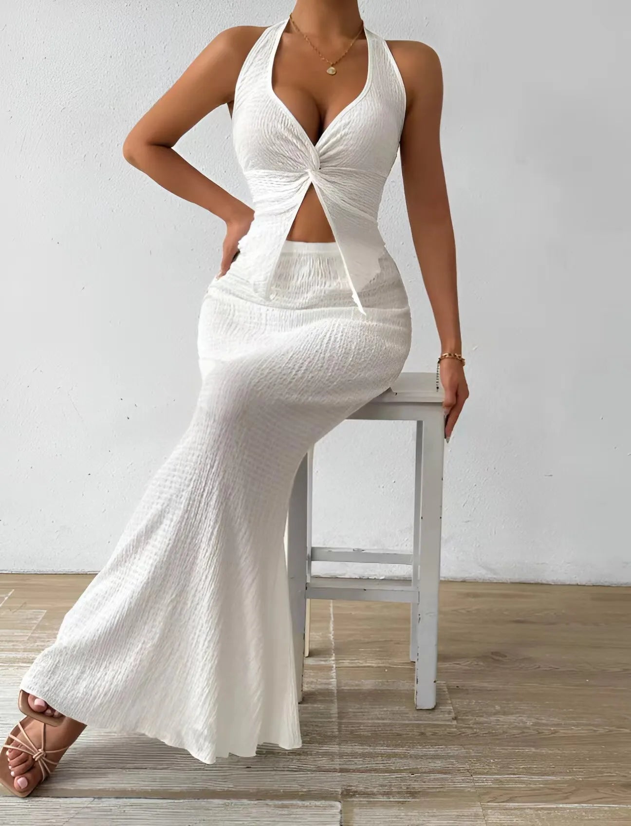 Fashion Women 2025 Summer Sexy Solid Color Hanging Neck Top Long Skirt Fashion Two-piece Set Tight And Elegant Two-piece Set