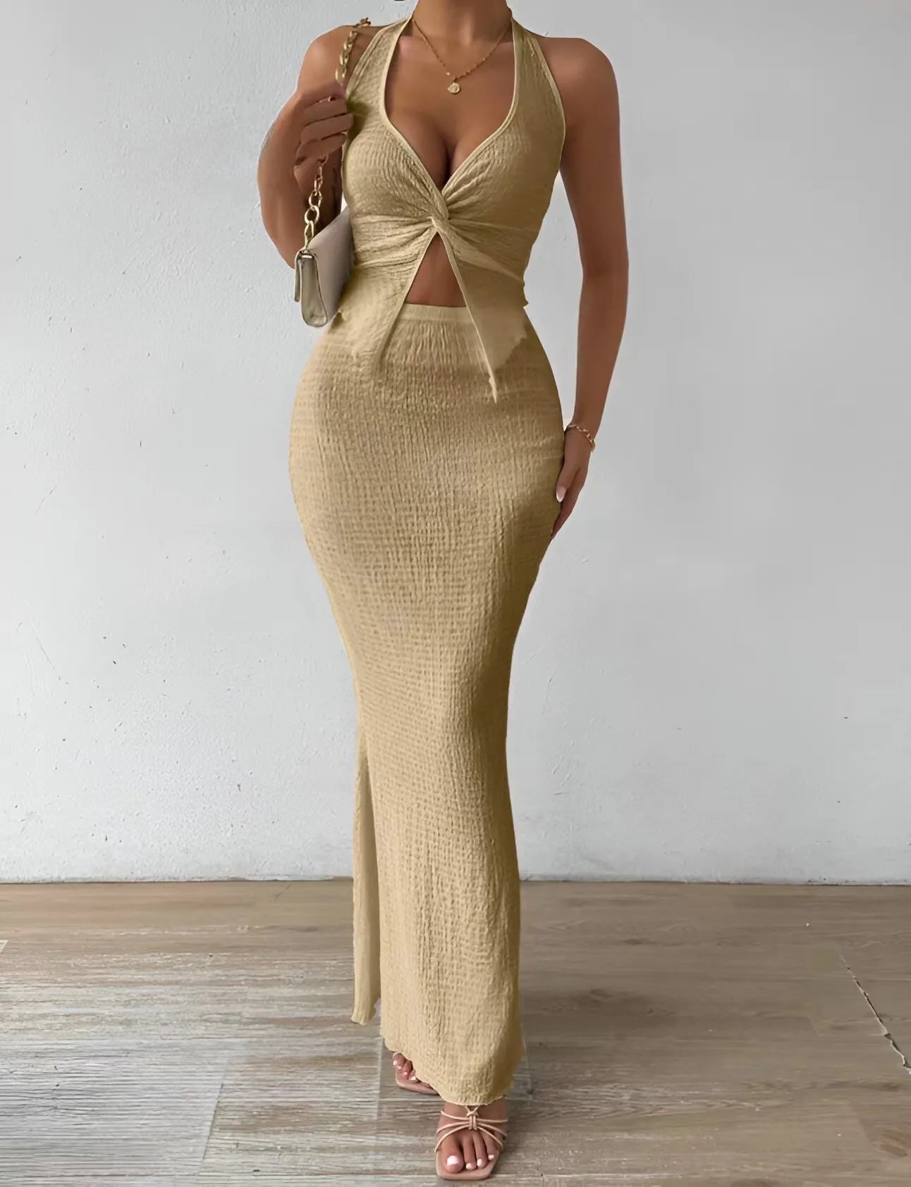 Fashion Women 2025 Summer Sexy Solid Color Hanging Neck Top Long Skirt Fashion Two-piece Set Tight And Elegant Two-piece Set