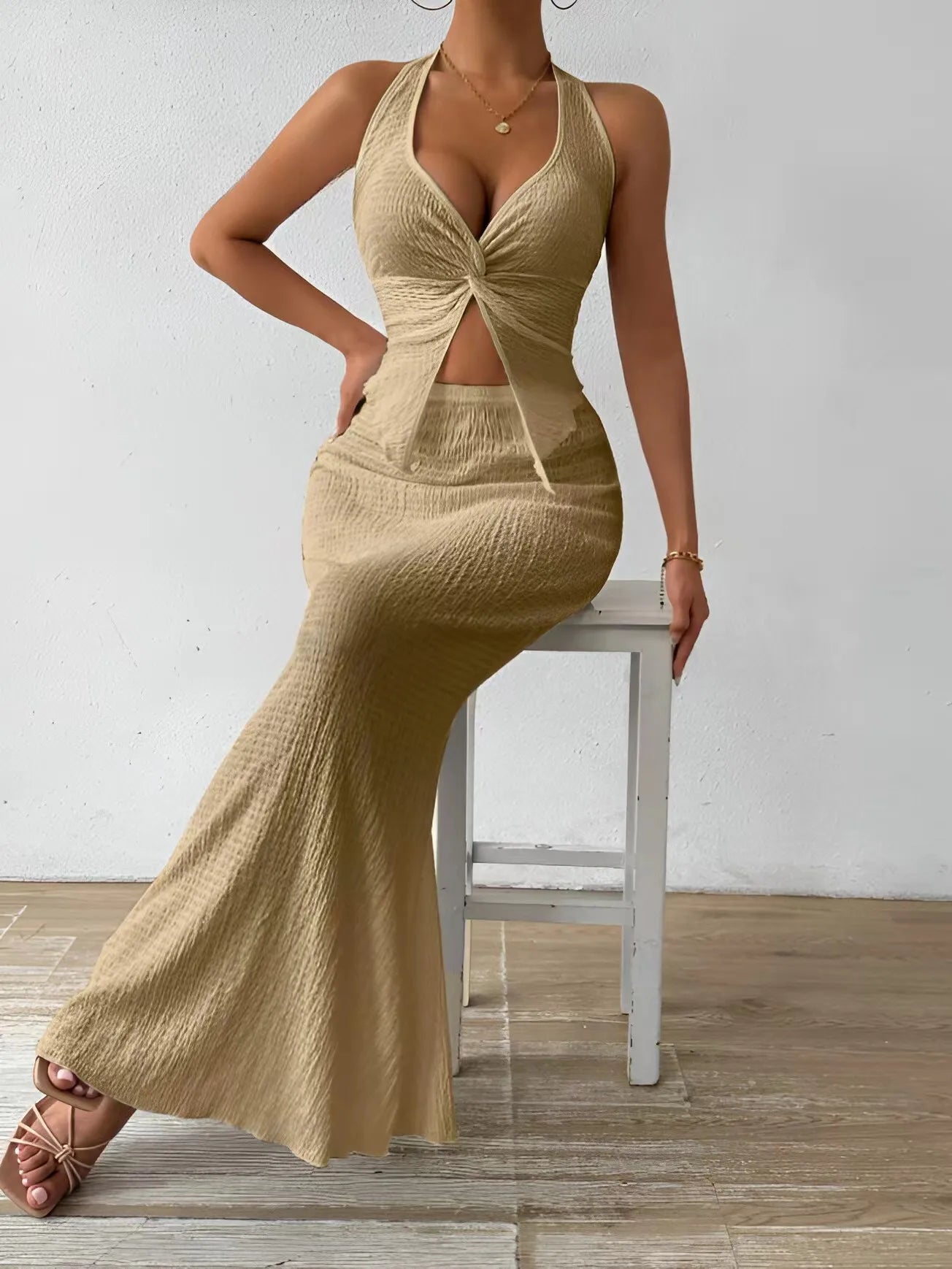 Fashion Women 2025 Summer Sexy Solid Color Hanging Neck Top Long Skirt Fashion Two-piece Set Tight And Elegant Two-piece Set