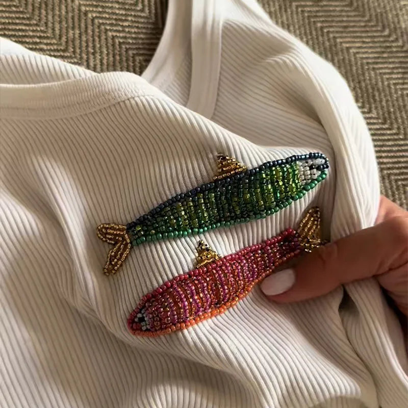 Fashion Fish Sequined Vest for Women Casual U Neck Sleeveless Female Slim Beads Embroidery Tops Summer Lady Beach Vest Street
