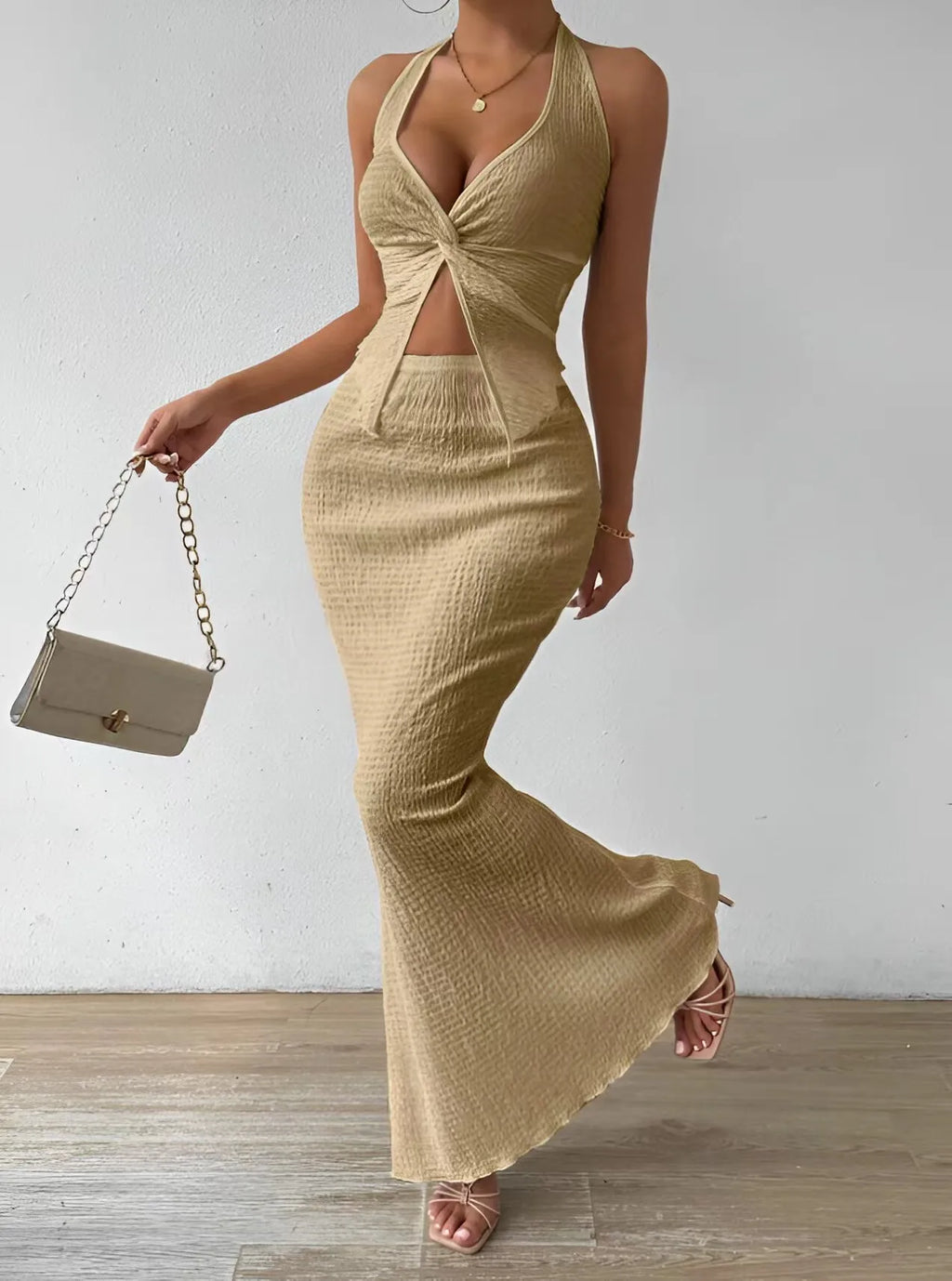 Fashion Women 2025 Summer Sexy Solid Color Hanging Neck Top Long Skirt Fashion Two-piece Set Tight And Elegant Two-piece Set