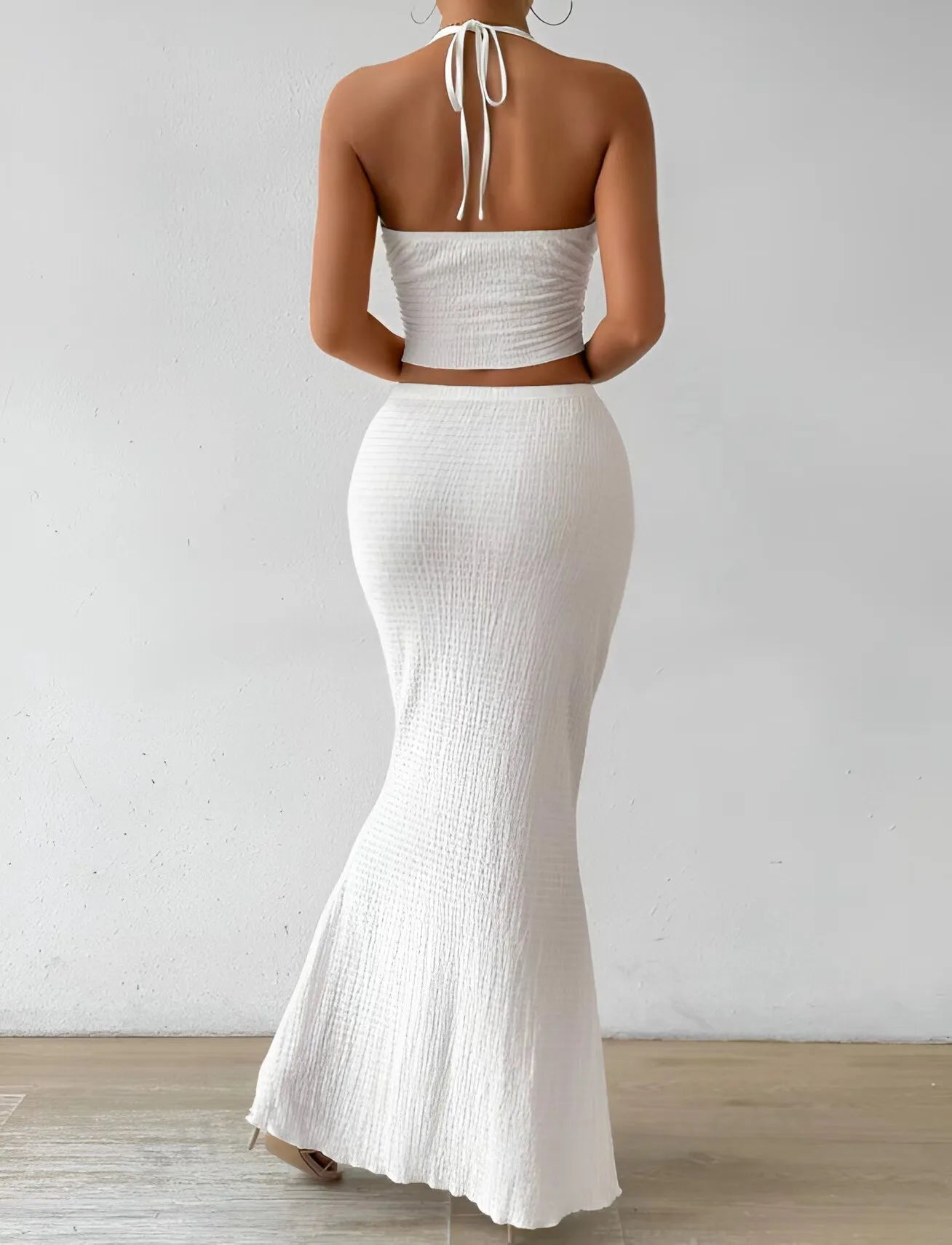 Fashion Women 2025 Summer Sexy Solid Color Hanging Neck Top Long Skirt Fashion Two-piece Set Tight And Elegant Two-piece Set