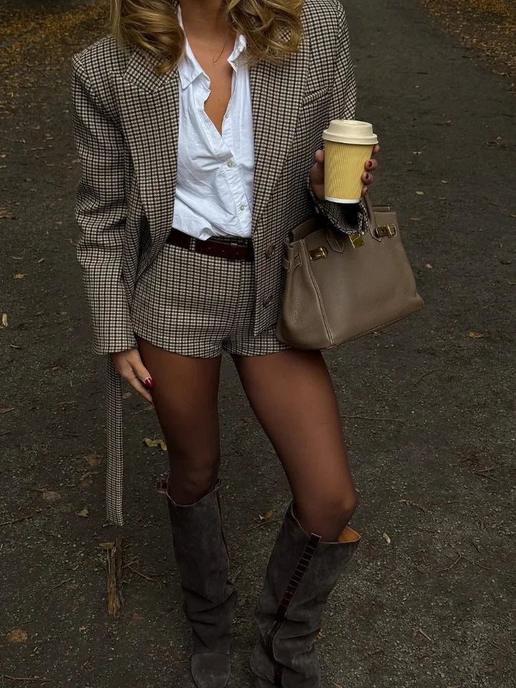 Fashion British Style Checkered Printed Suit Women Lapel Long Sleeve Single-breasted Short Jacket Set Lady Daily Streetwears