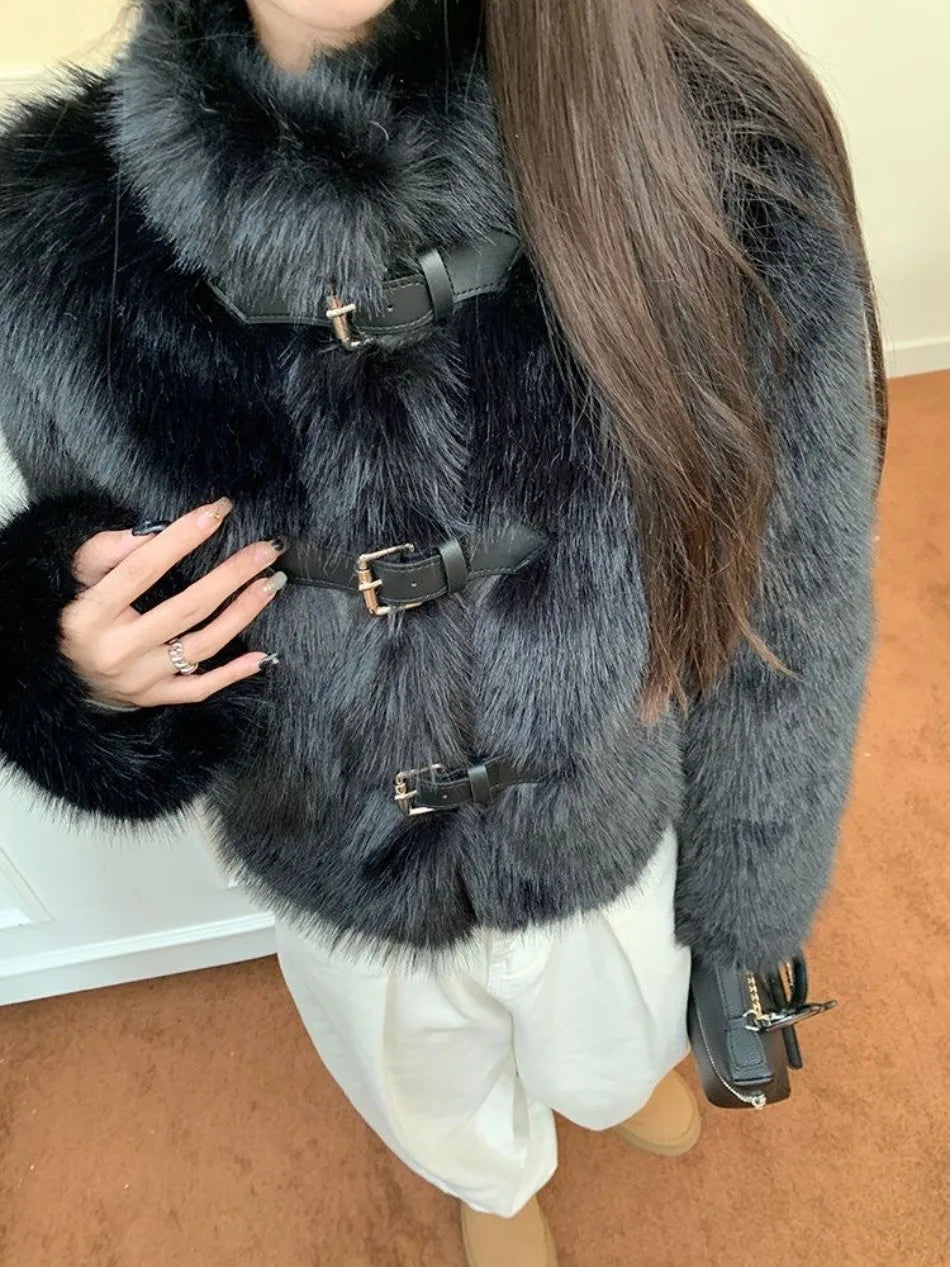 Korean Fashion Black Elegant Belt Button Fall Autumn Winter Warm Furry Coat Imitation Mink Velvet High Street Outwear
