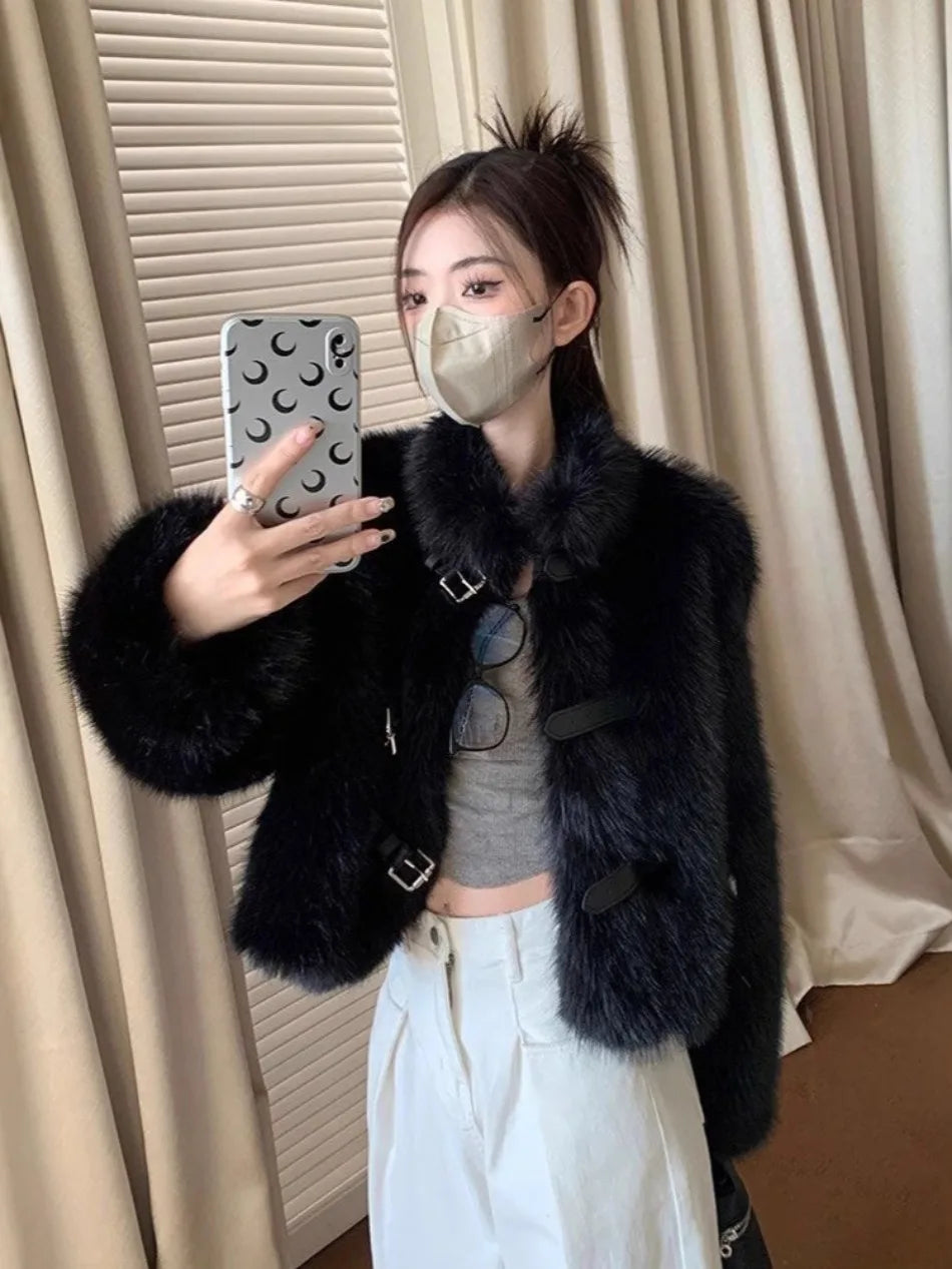 Korean Fashion Black Elegant Belt Button Fall Autumn Winter Warm Furry Coat Imitation Mink Velvet High Street Outwear