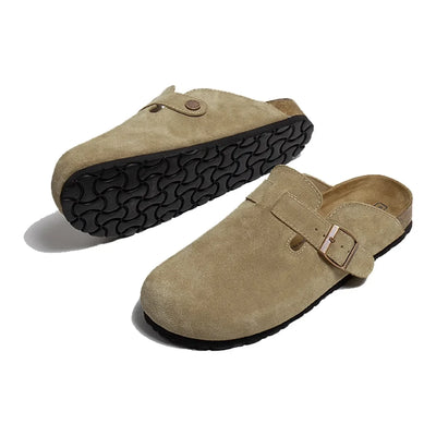 Classic Closed Toe Mule Slippers Men with Cork Shoes Boston Clogs Cork Slides Mens Suede Leather Slippers Man - L&S Fashion