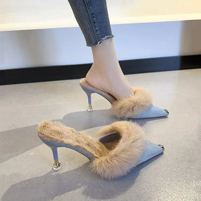 Women High Heel Shoes 2025 Fur Slippers Mules Pointed Toe Furry Slides Fashion Elegant Luxury Designer Flip Flops Office Pumps - L&S Fashion