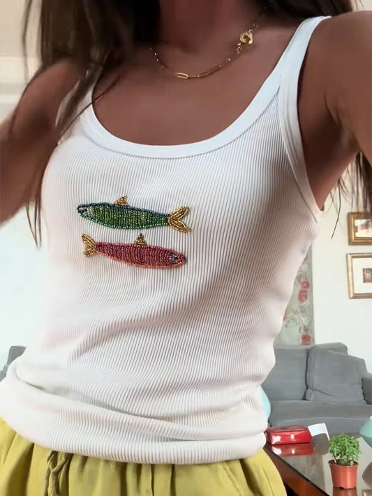 Fashion Fish Sequined Vest for Women Casual U Neck Sleeveless Female Slim Beads Embroidery Tops Summer Lady Beach Vest Street