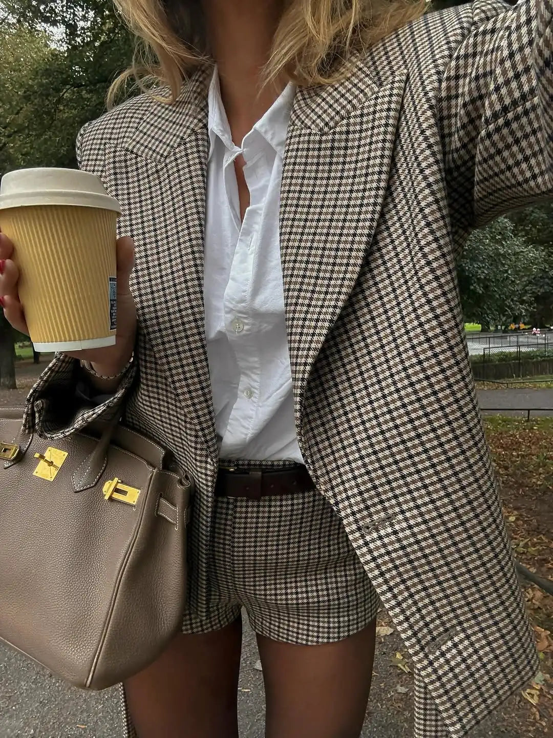 Fashion British Style Checkered Printed Suit Women Lapel Long Sleeve Single-breasted Short Jacket Set Lady Daily Streetwears